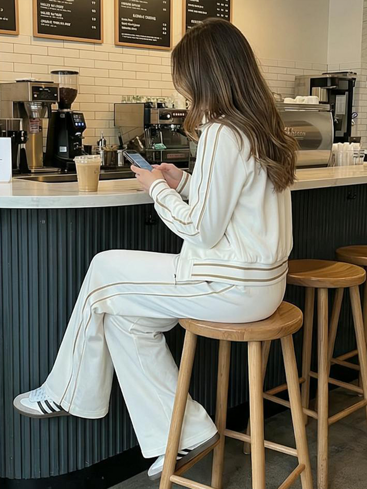 Damski Stylowy Casual Biały Zestaw z Długim Rękawem i Spodniami