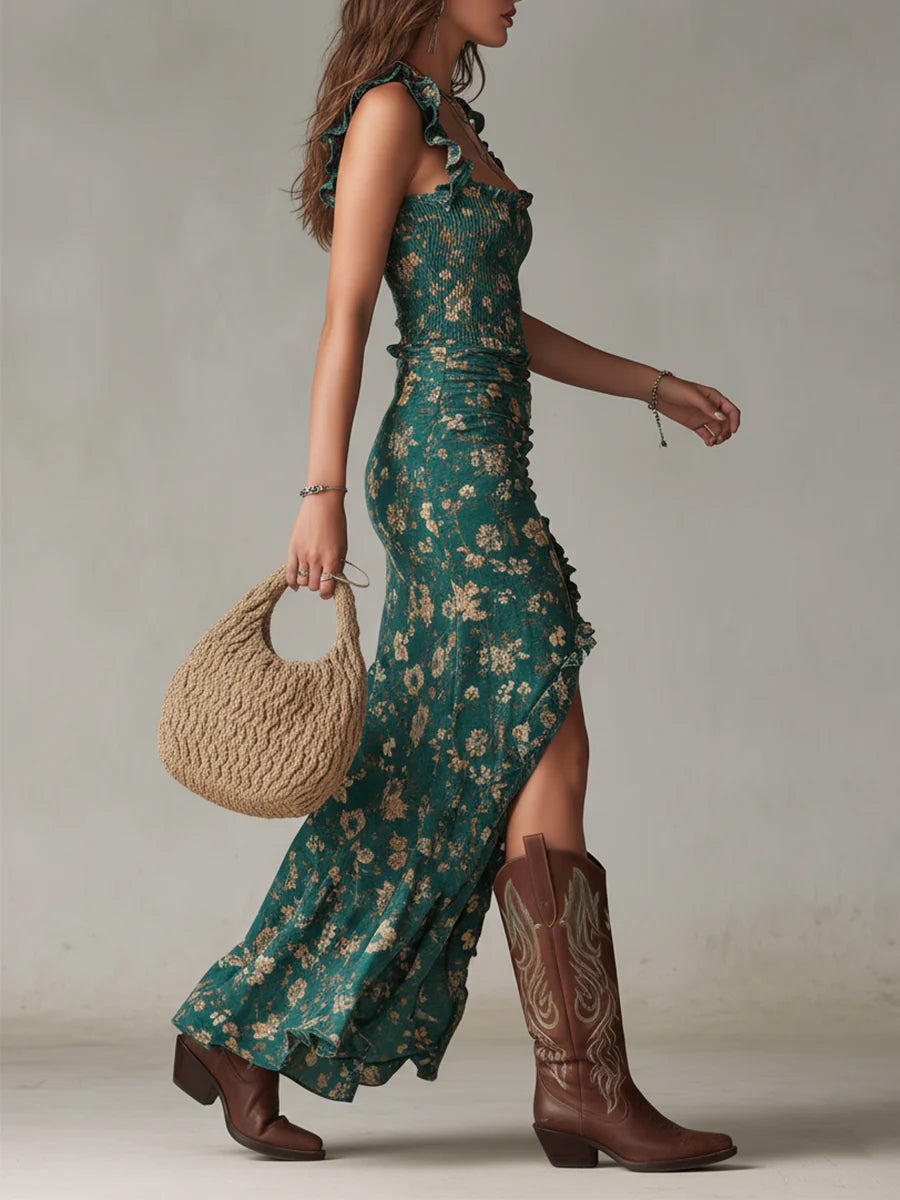 Maxi Sukienka w Stylu Boho z Falbankami w Kolorze Zielonym