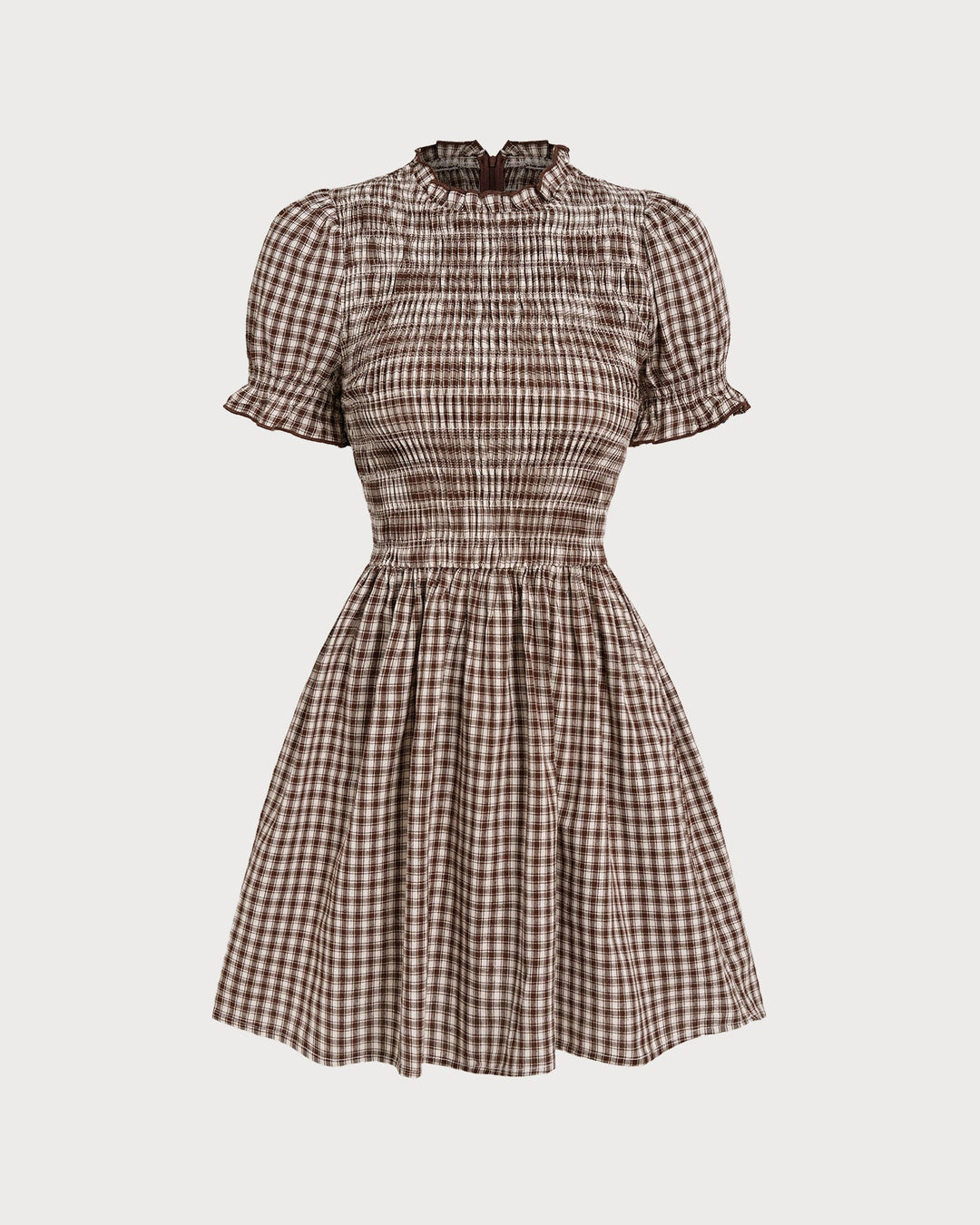 Sukienka mini w kratkę z bufkami w kolorze kawy