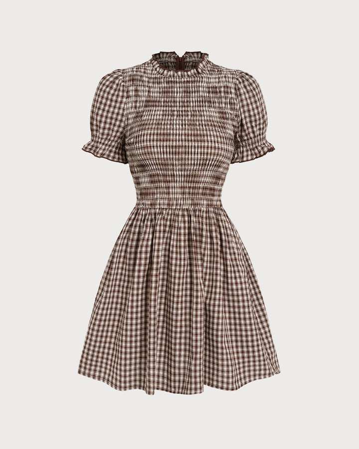 Sukienka mini w kratkę z bufkami w kolorze kawy