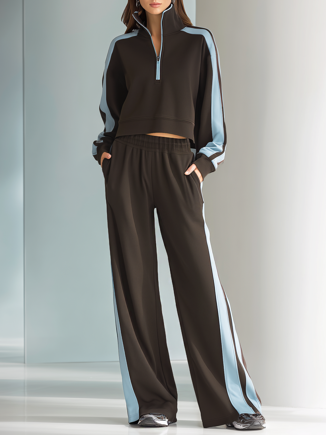 Damski Modny Brązowy i Jasnoniebieski Kolorowy Zamek Pół-Zip Casual Dres