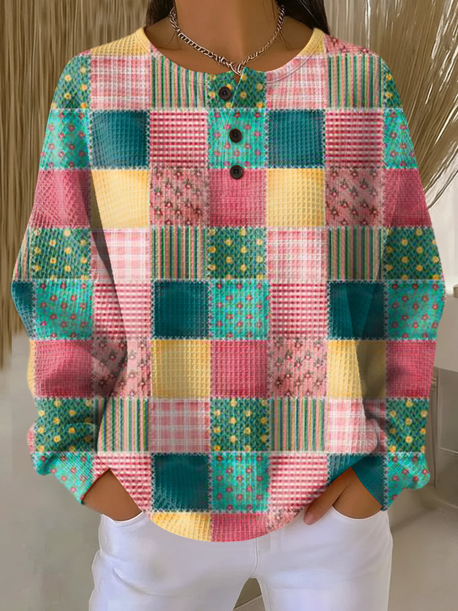 Agatha | Sweter z guzikiem i patchworkiem