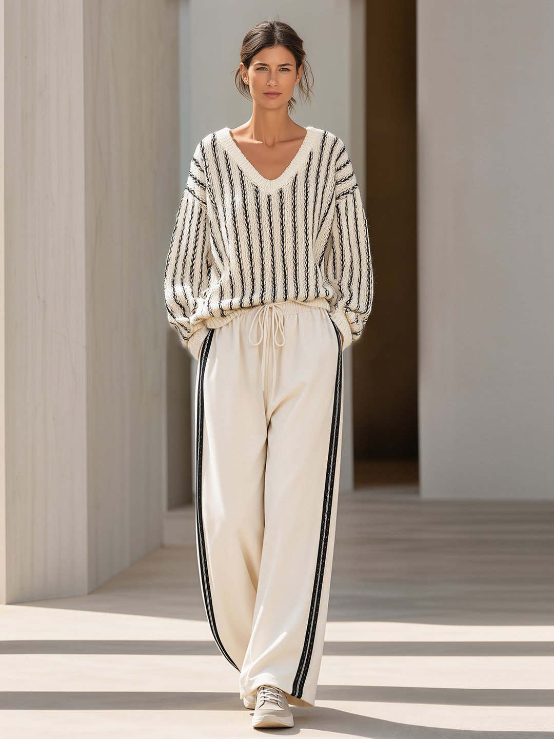 Sweter w kolorze off-white z dekoltem w serek i szerokimi spodniami