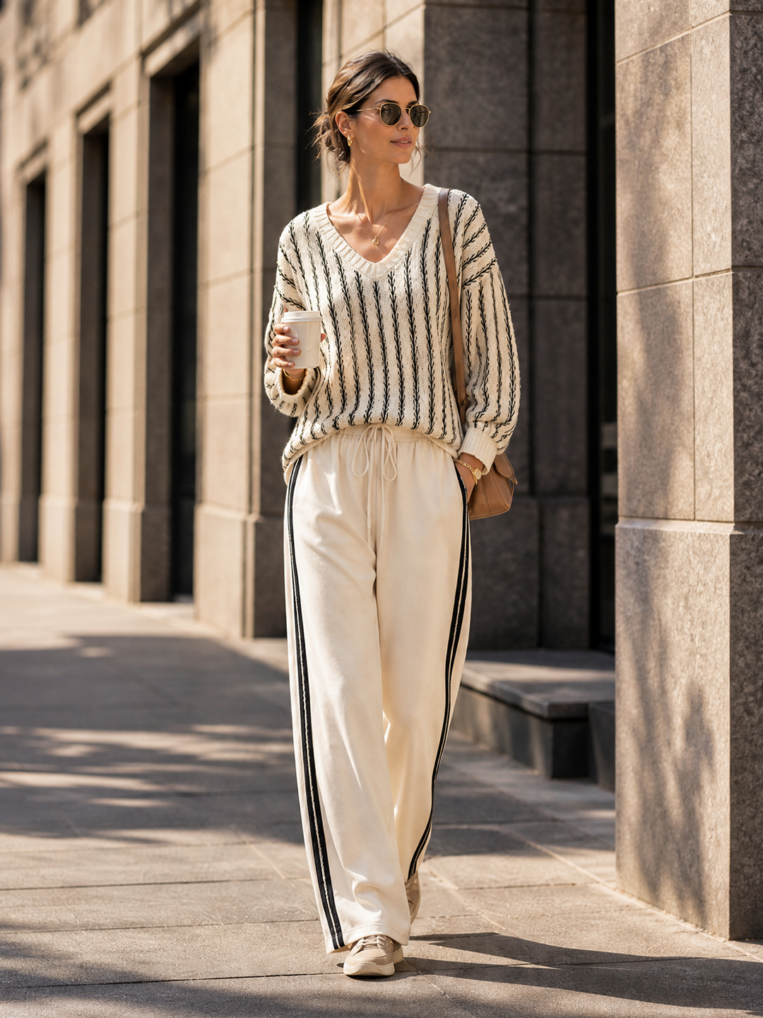 Sweter w kolorze off-white z dekoltem w serek i szerokimi spodniami