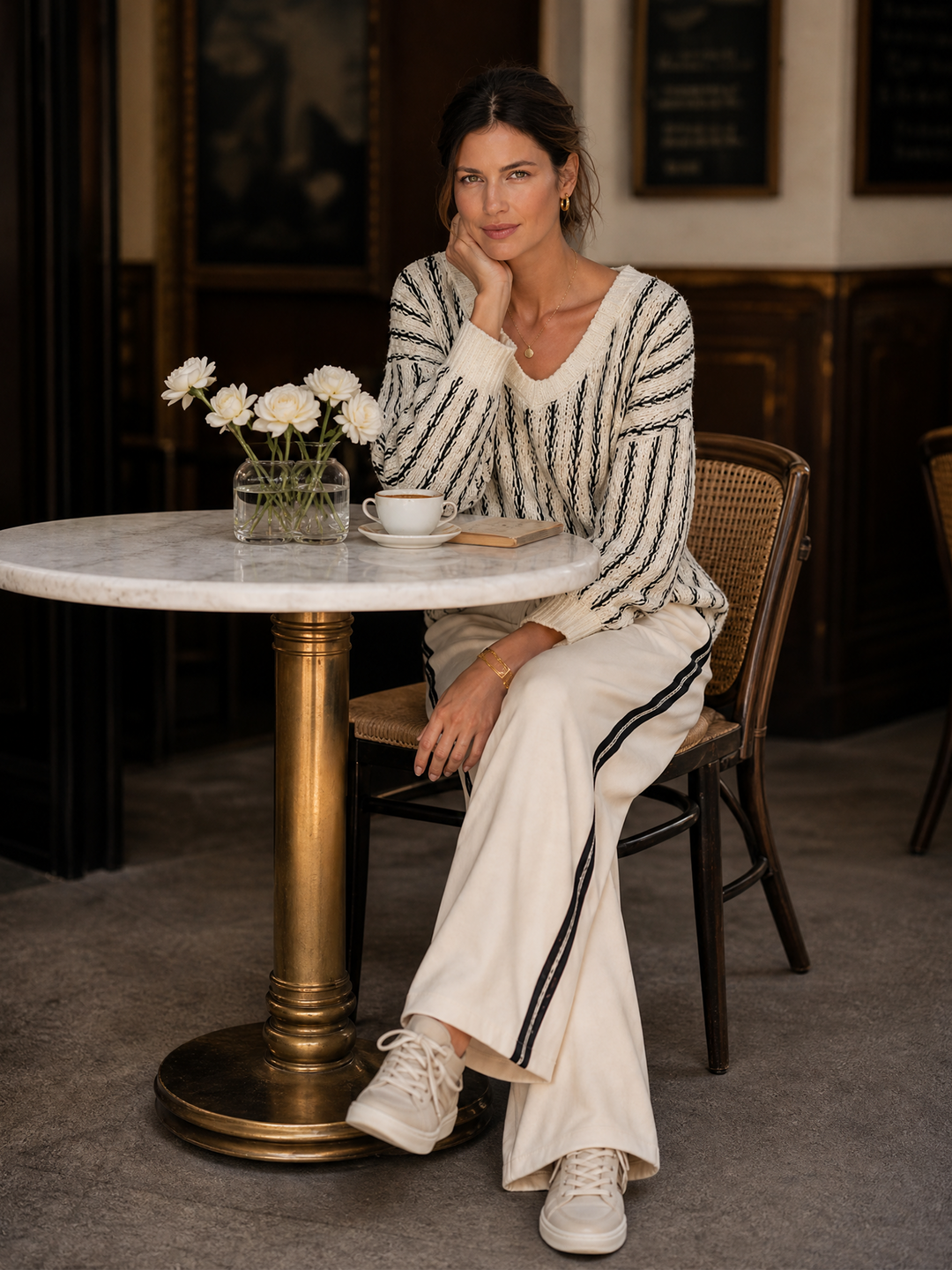 Sweter w kolorze off-white z dekoltem w serek i szerokimi spodniami