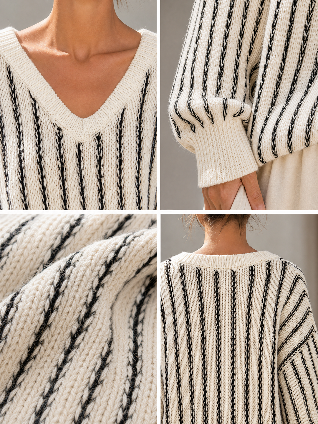 Sweter w kolorze off-white z dekoltem w serek i szerokimi spodniami
