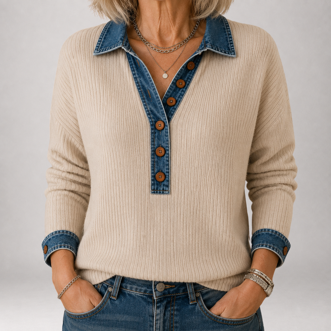 Clarisse™ | Sweter polo z prążkowanym kołnierzem denimowym