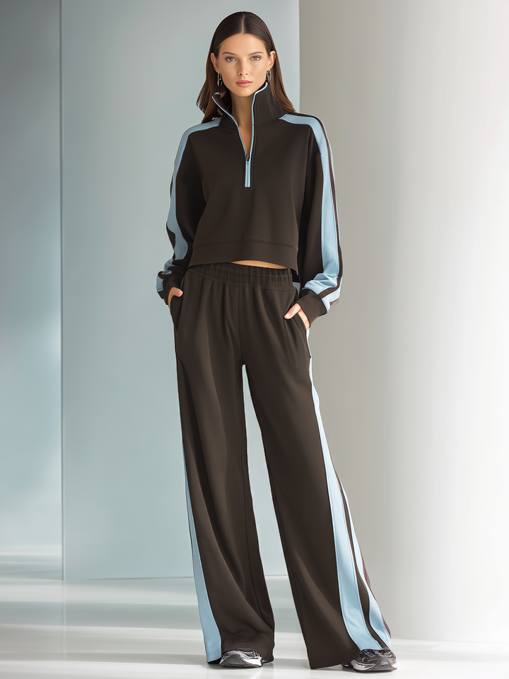 Damski Modny Brązowy i Jasnoniebieski Kolorowy Zamek Pół-Zip Casual Dres