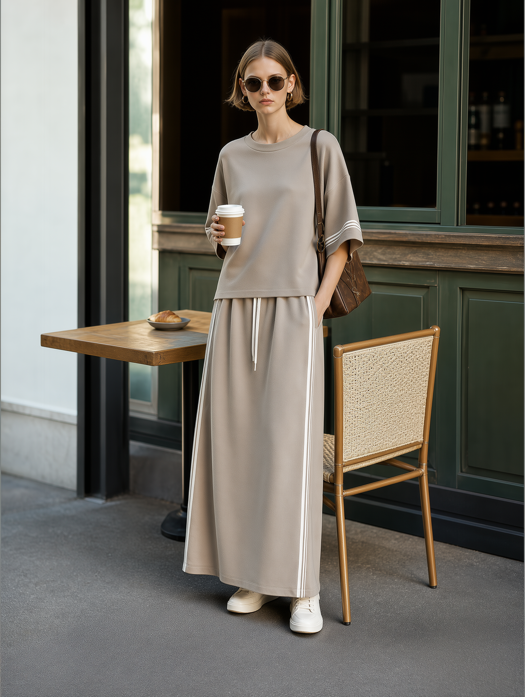 Kobiece Modne Casual Jasno Khaki T-shirt z Kolorowymi Blokami i Długa Spódnica