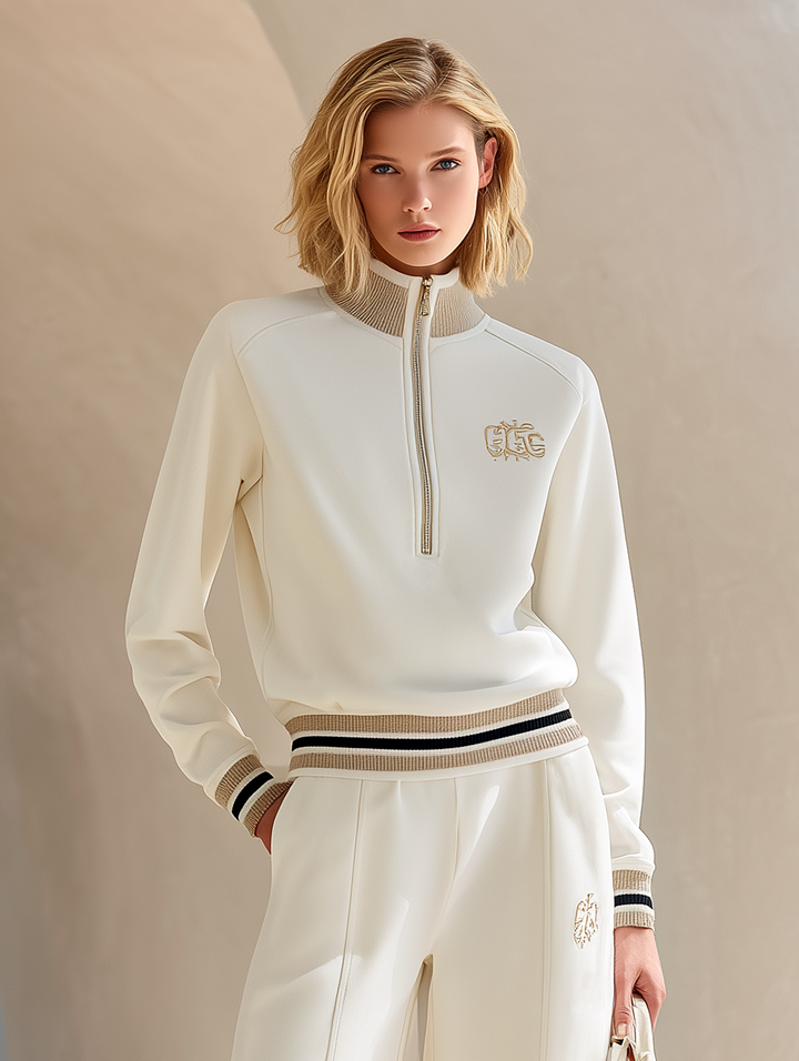 Kobiecy Casual Off-White Haftowany Zestaw z Polarem na Zamek