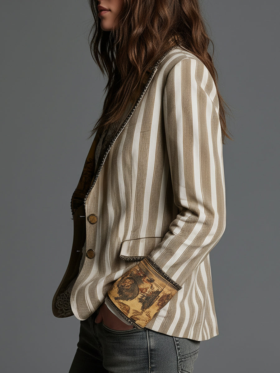 Suzanne | Blazer Boho w Paski z Wzorzystym Kołnierzem