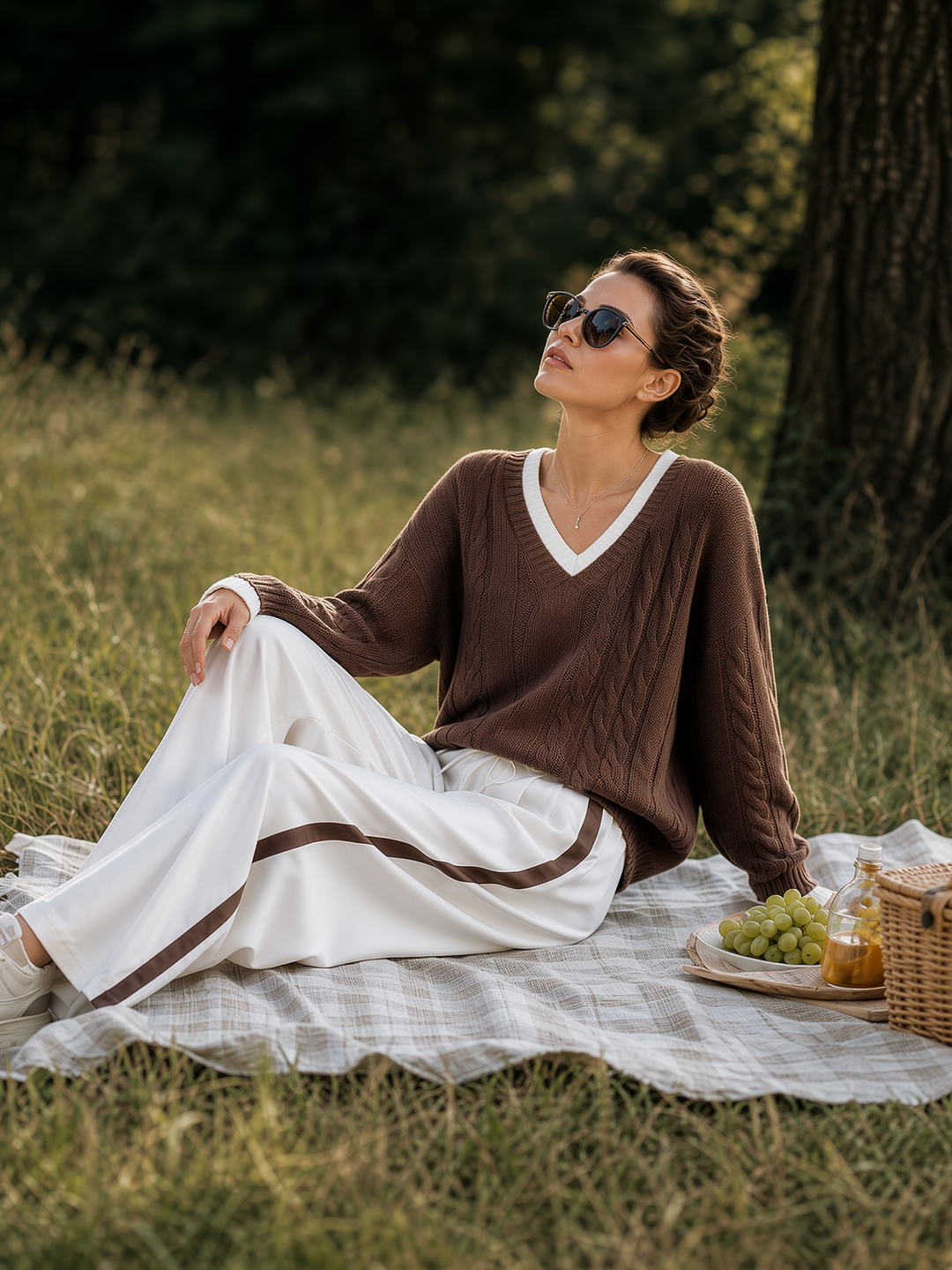 Różowy sweter z dekoltem w serek i szerokie spodnie z bocznymi paskami