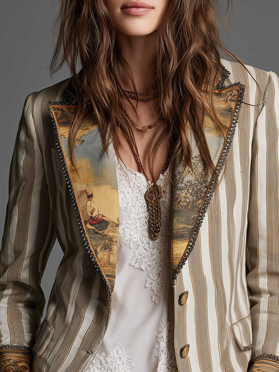 Suzanne | Blazer Boho w Paski z Wzorzystym Kołnierzem