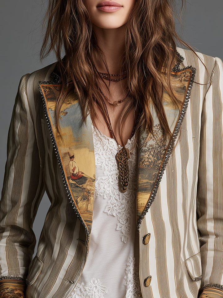 Suzanne | Blazer Boho w Paski z Wzorzystym Kołnierzem