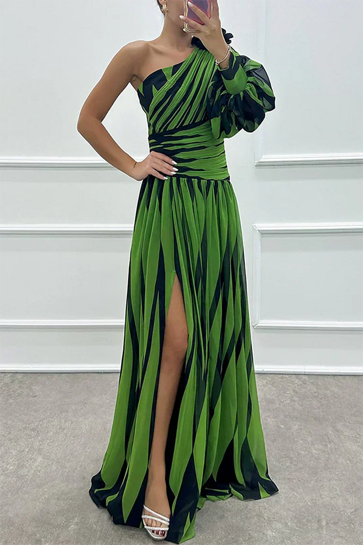 Aurora | Elegancka Sukienka w Paski z Jednym Ramiączkiem