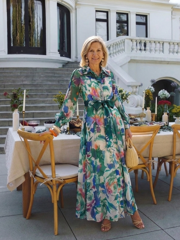 Carolina - Długa Sukienka Maxi z Długim Rękawem i Printem