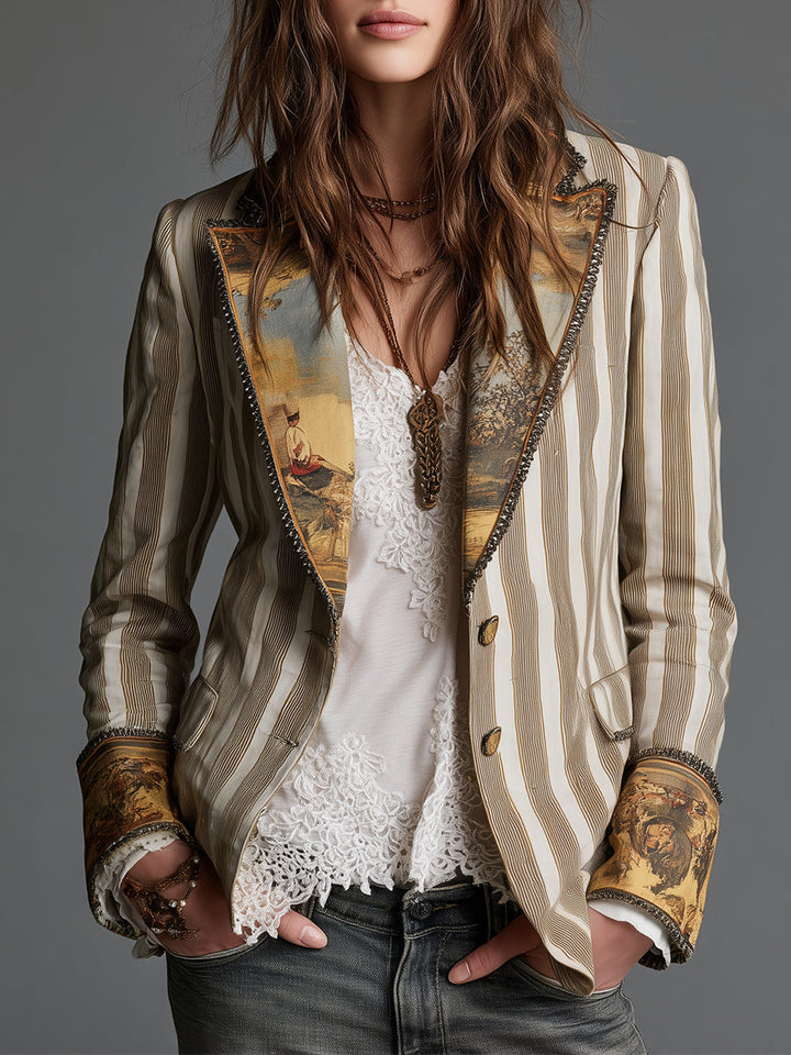 Suzanne | Blazer Boho w Paski z Wzorzystym Kołnierzem