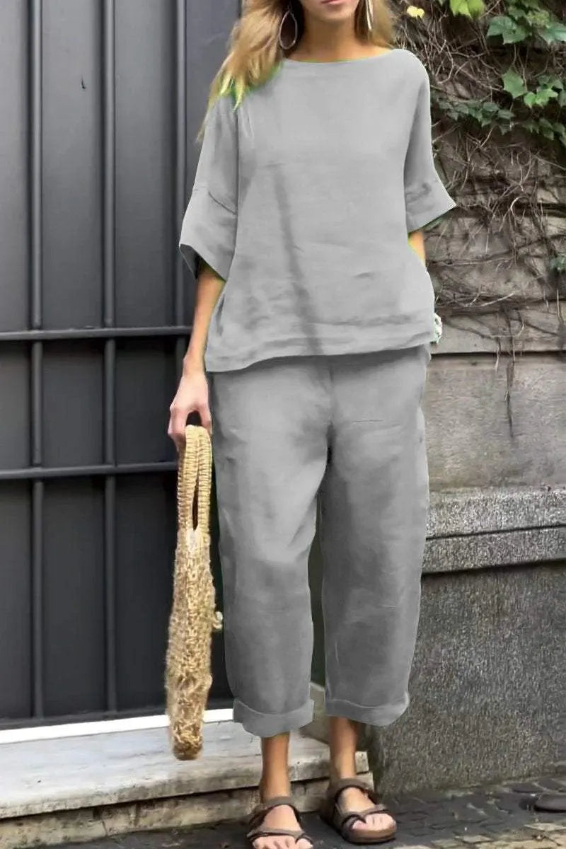 Relaksująca jednokolorowa bluzka z okrągłym dekoltem i spodnie z bawełny i lnu - zestaw dwóch części