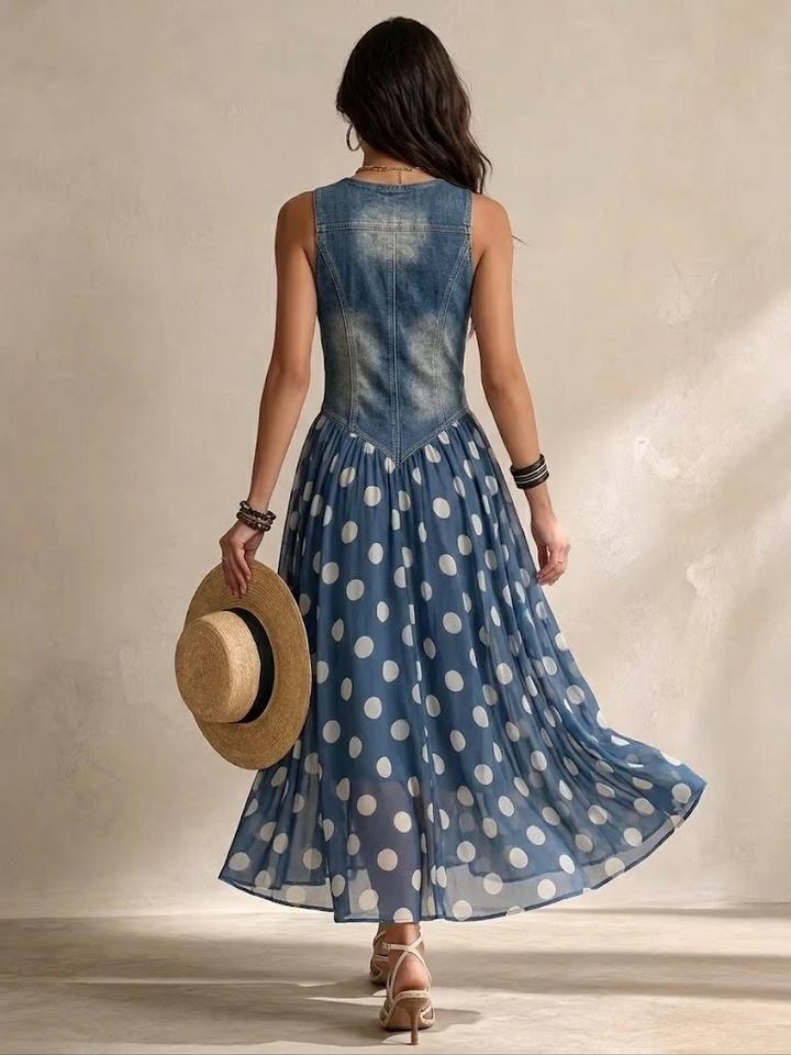 Beatrice | Elegancka Sukienka Dżinsowa z Chiffonową Spódnicą w Kropki