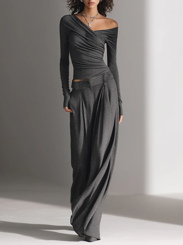 Jasmin | Strukturalna, antracytowa bluzka off-shoulder i szerokie spodnie