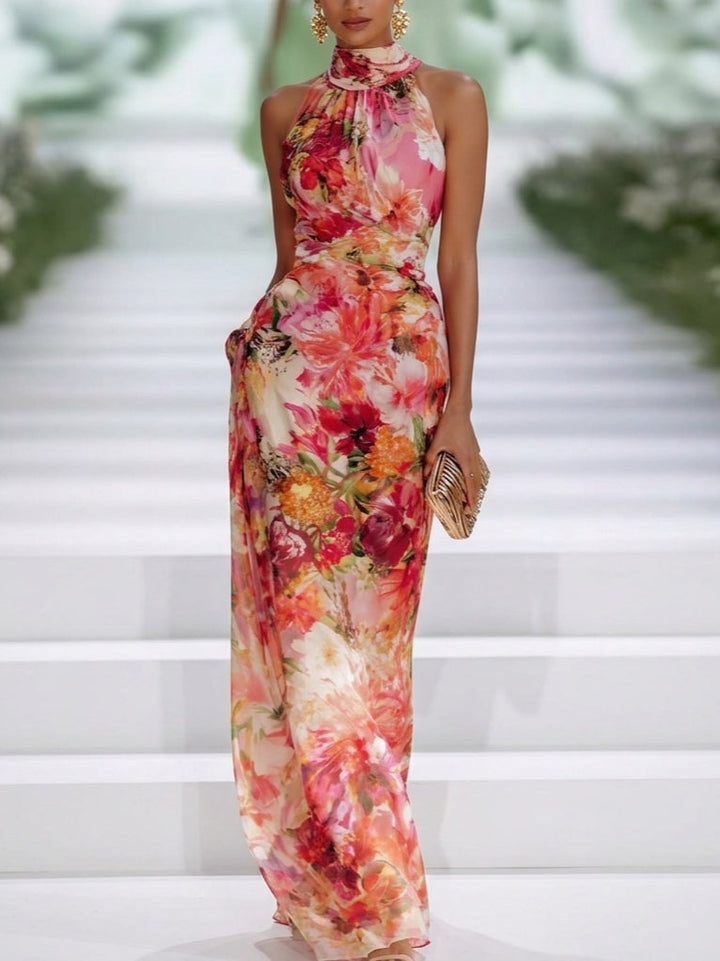 Czerwona Sukienka Maxi z Chiffonu z Dekoltem Halter