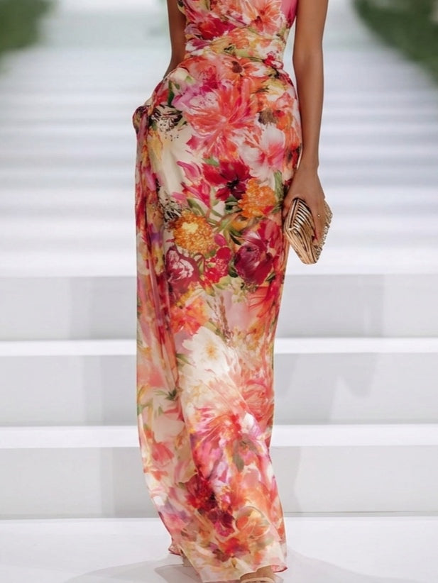 Czerwona Sukienka Maxi z Chiffonu z Dekoltem Halter