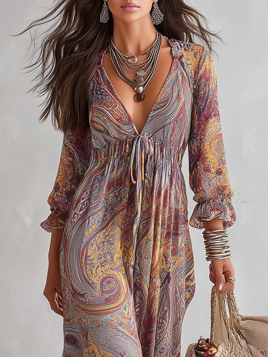 Sukienka Maxi z Chiffonu z Wzorem Paisley i Dekoltem w Serek