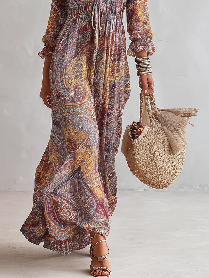 Sukienka Maxi z Chiffonu z Wzorem Paisley i Dekoltem w Serek