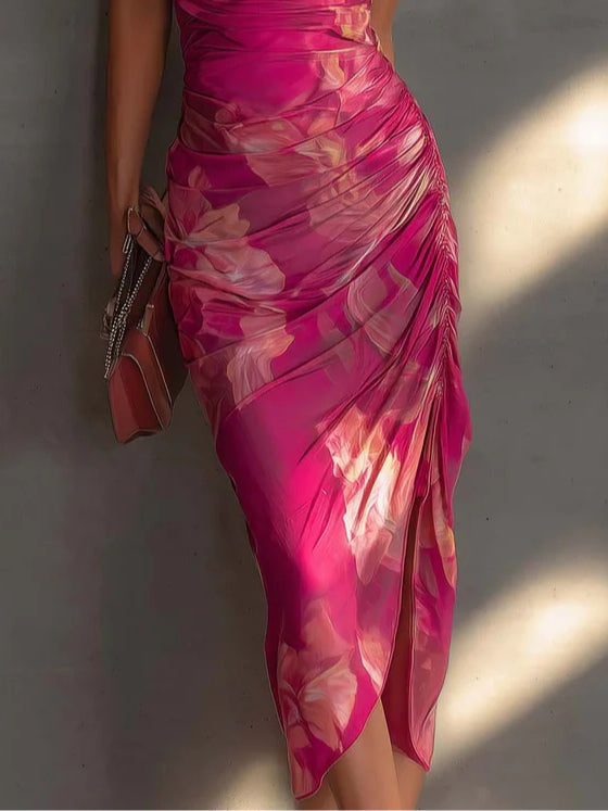 Sukienka Bodycon Bez Rękawów z Kwiatowym Wzorem Różowa
