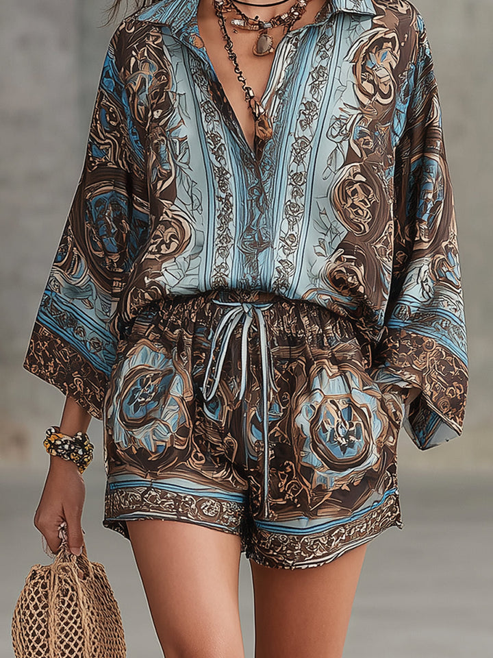 Serena | Koszula z guzikami i szorty z elastycznym paskiem, wzór barokowy