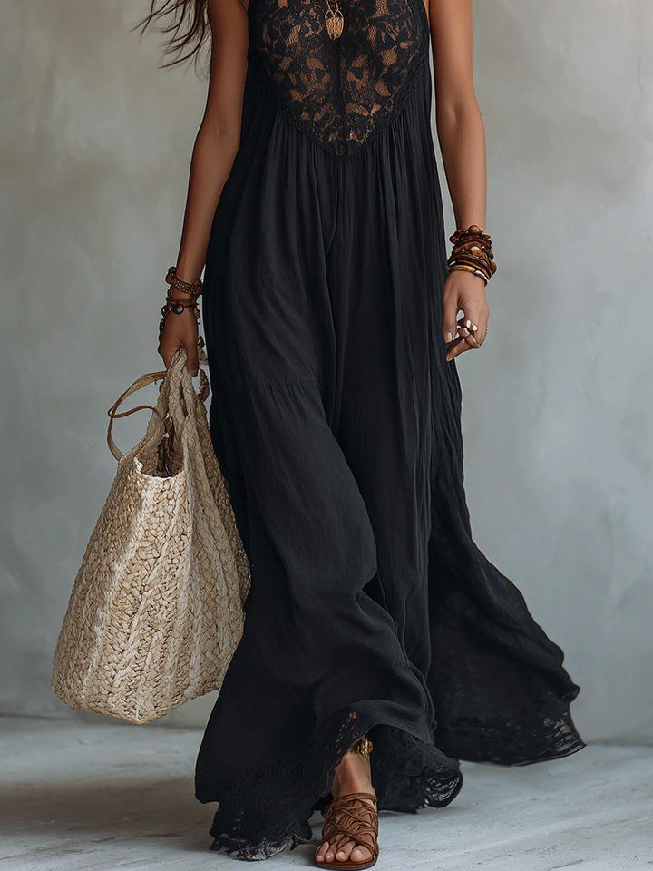Czarna Maxi Sukienka Bez Rękawów z Koronką Boho