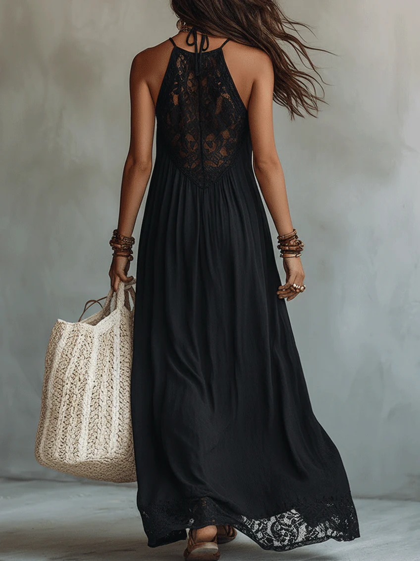 Czarna Maxi Sukienka Bez Rękawów z Koronką Boho