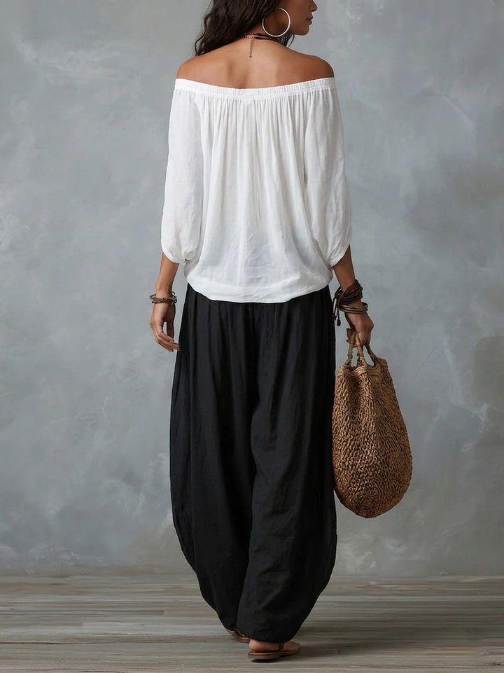 Zestaw Top Bianco Off-Shoulder i Szerokie Spodnie