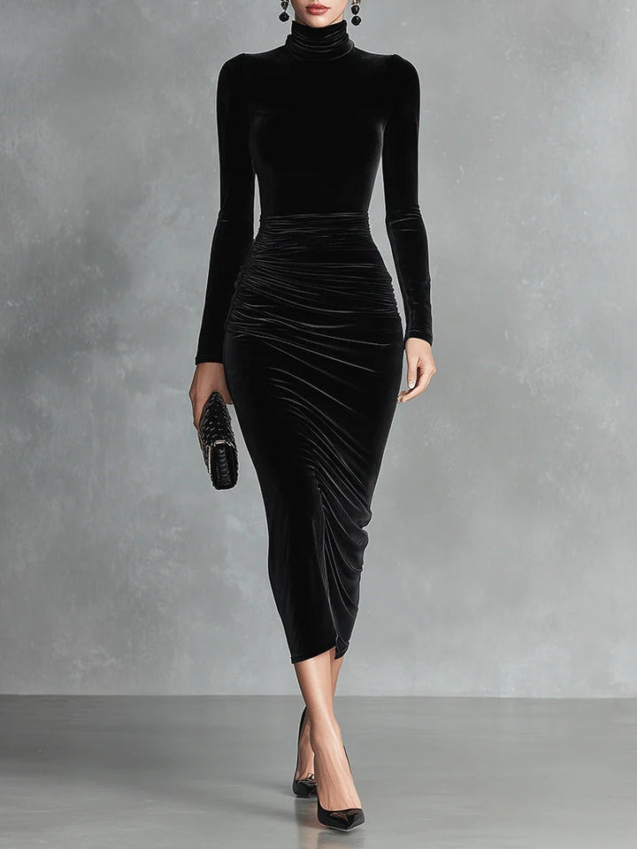 Elegancka Sukienka Bodycon z Wysokim Kołnierzem w Czarnym Aksamicie Verity
