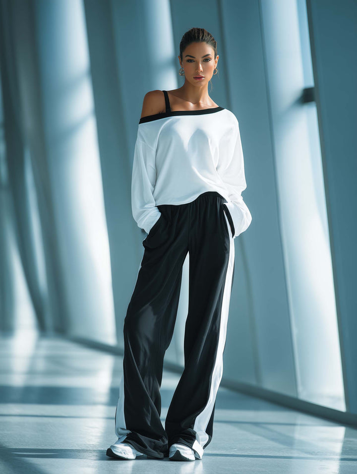 Stylowy Casual Biały Top Bez Ramiączek dla Kobiet i Czarny Zestaw Spodni