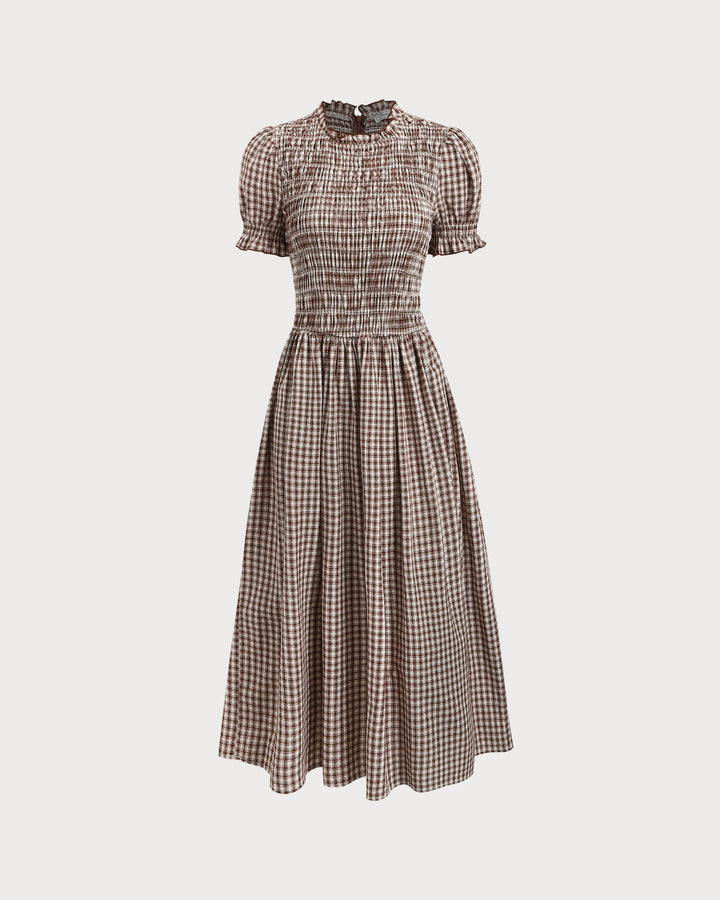 Sukienka Midi w Kratkę z Bufiastymi Rękawami
