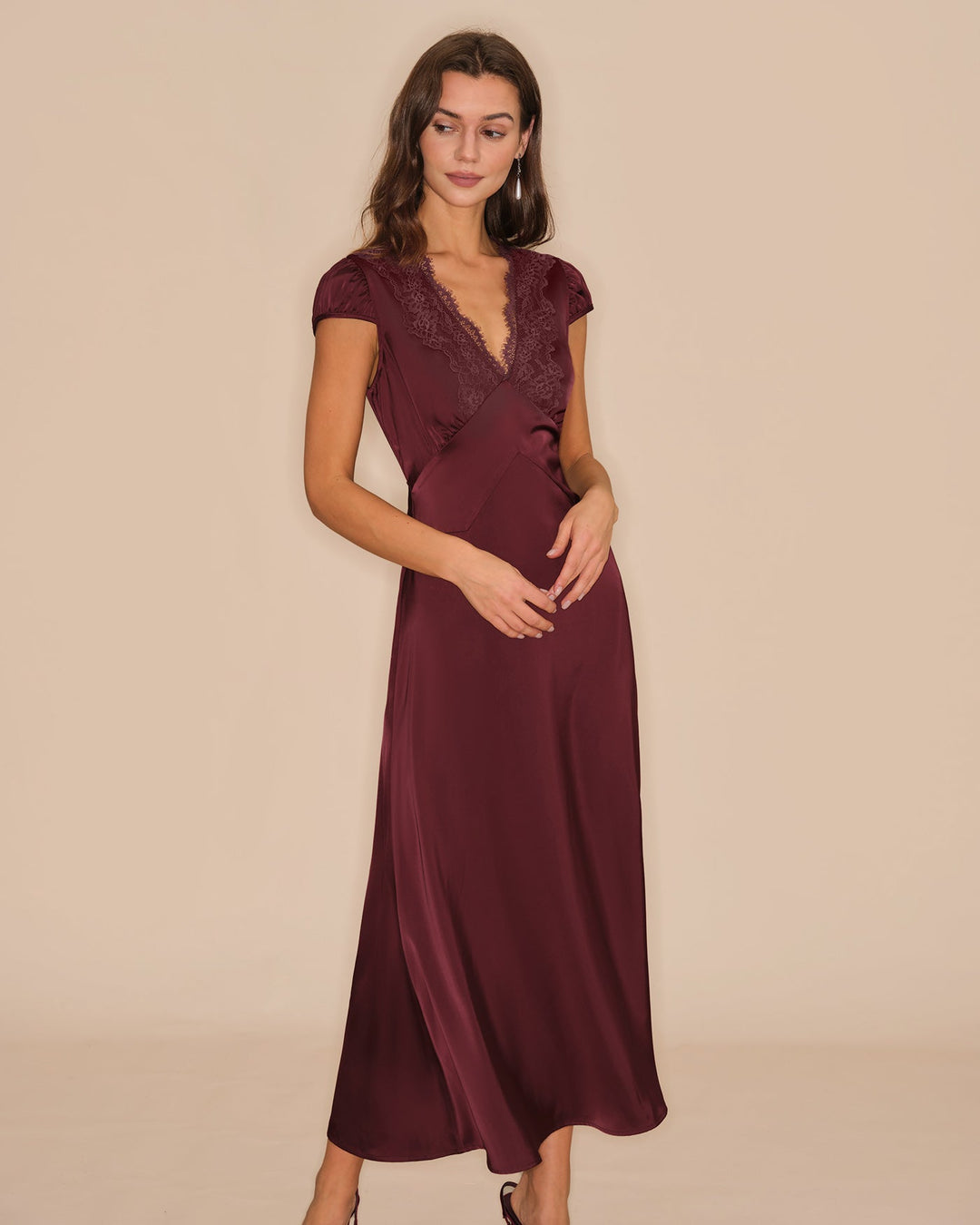 Czerwone Wino V Neck Koronkowa Sukienka Maxi