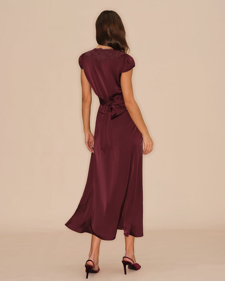 Czerwone Wino V Neck Koronkowa Sukienka Maxi