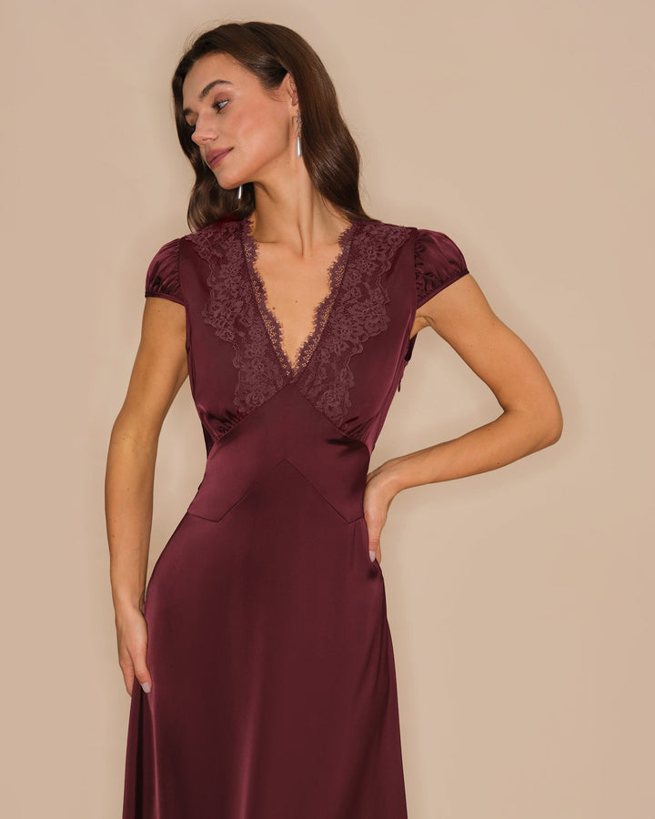Czerwone Wino V Neck Koronkowa Sukienka Maxi