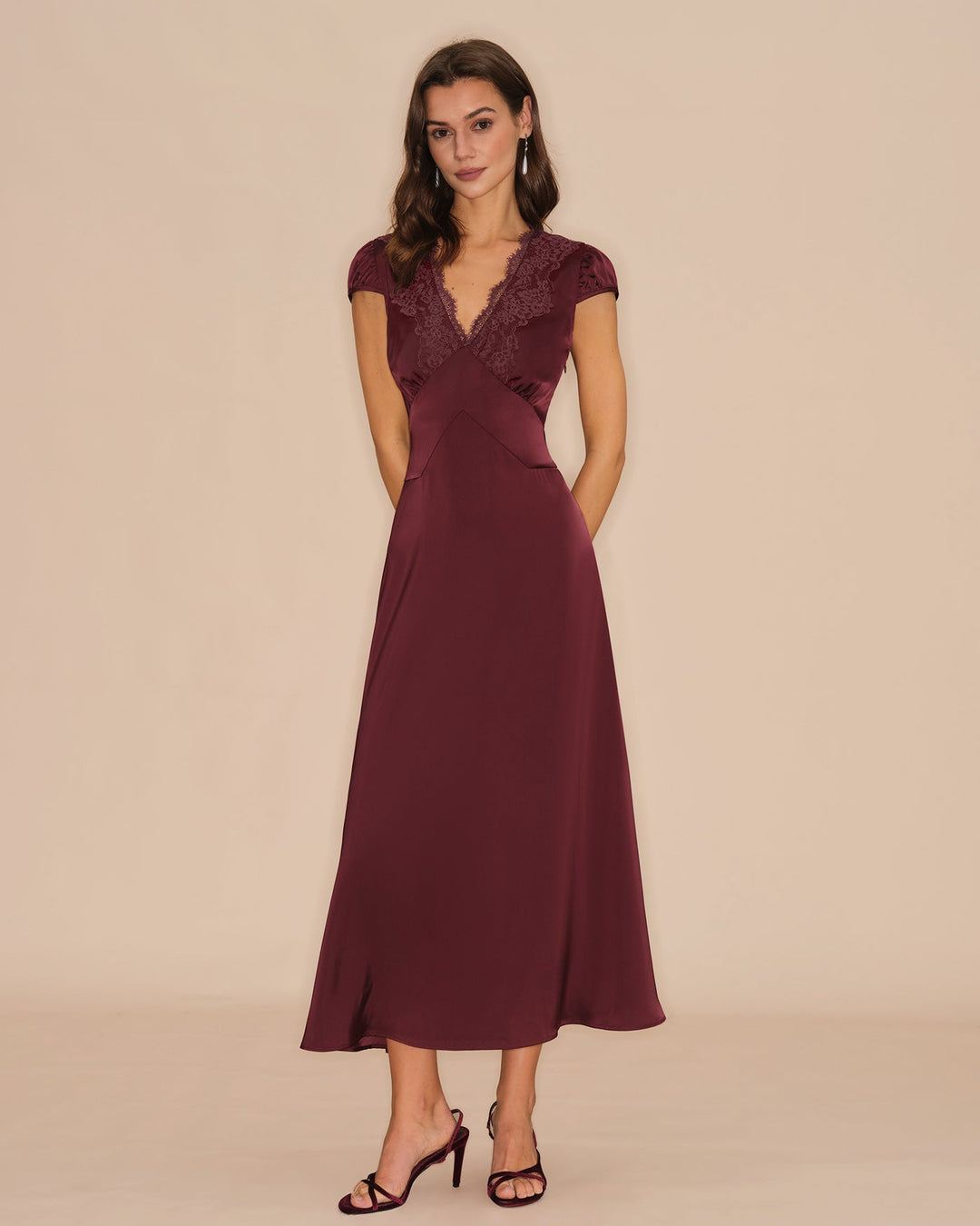Czerwone Wino V Neck Koronkowa Sukienka Maxi