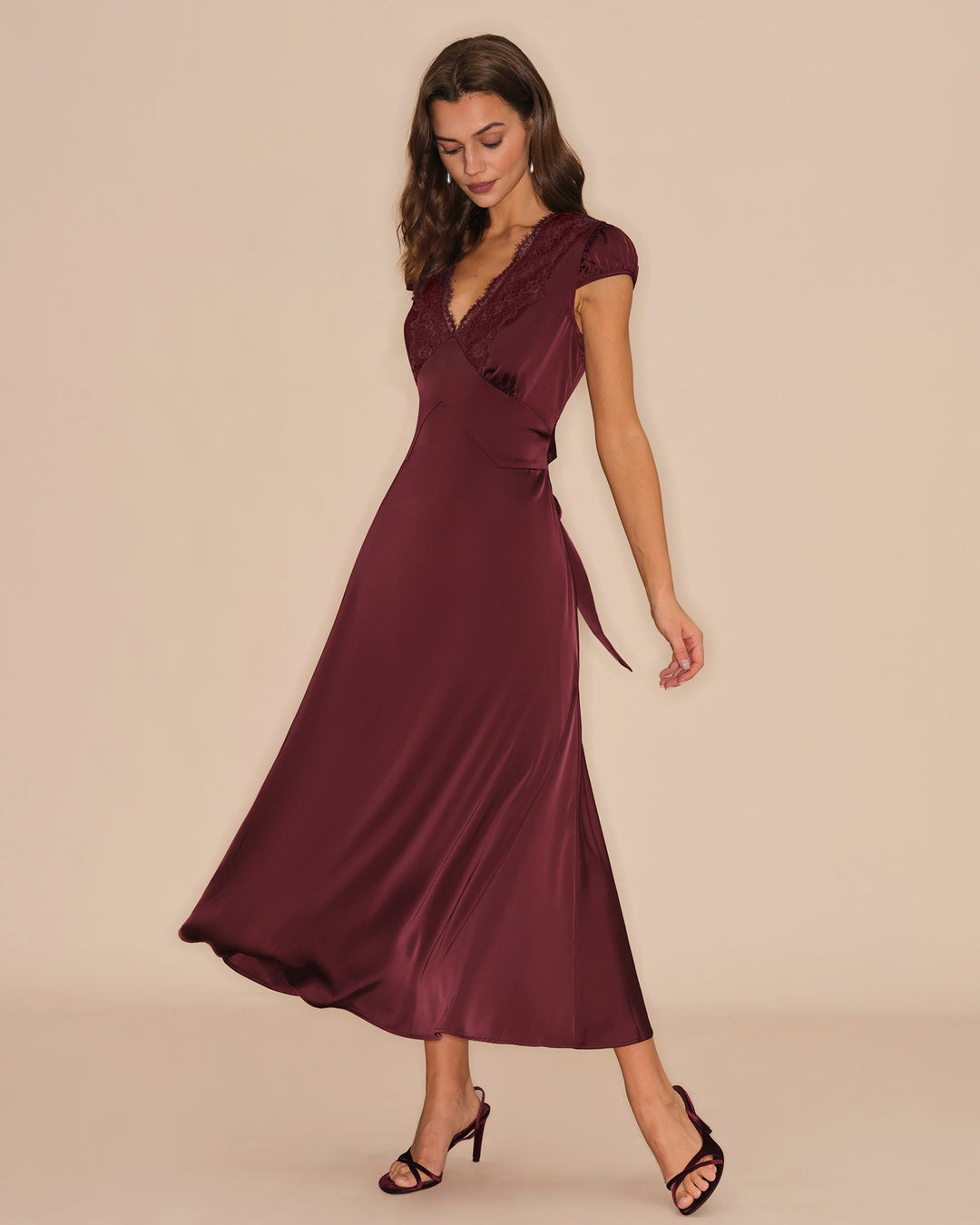 Czerwone Wino V Neck Koronkowa Sukienka Maxi