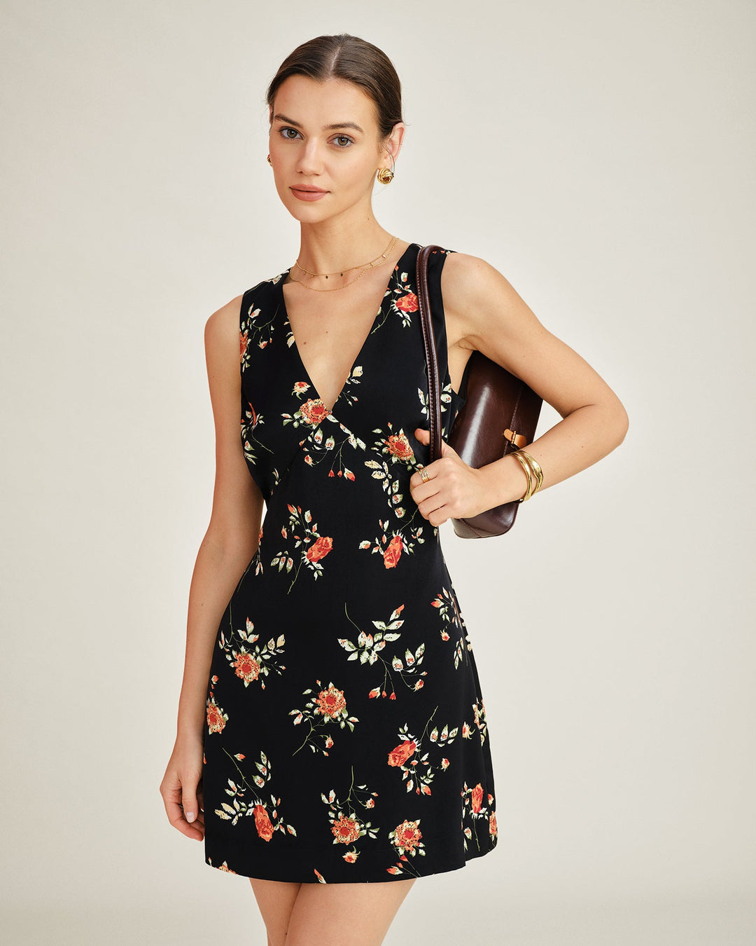 Floral A-Line Mini Dress with Black V-Neck