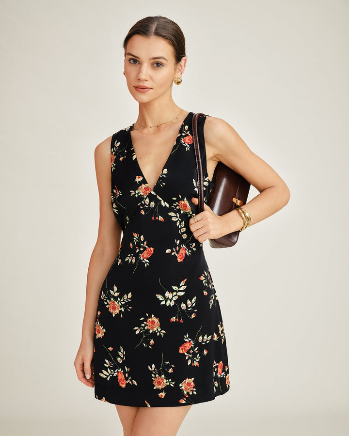 Floral A-Line Mini Dress with Black V-Neck