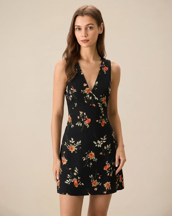 Floral A-Line Mini Dress with Black V-Neck