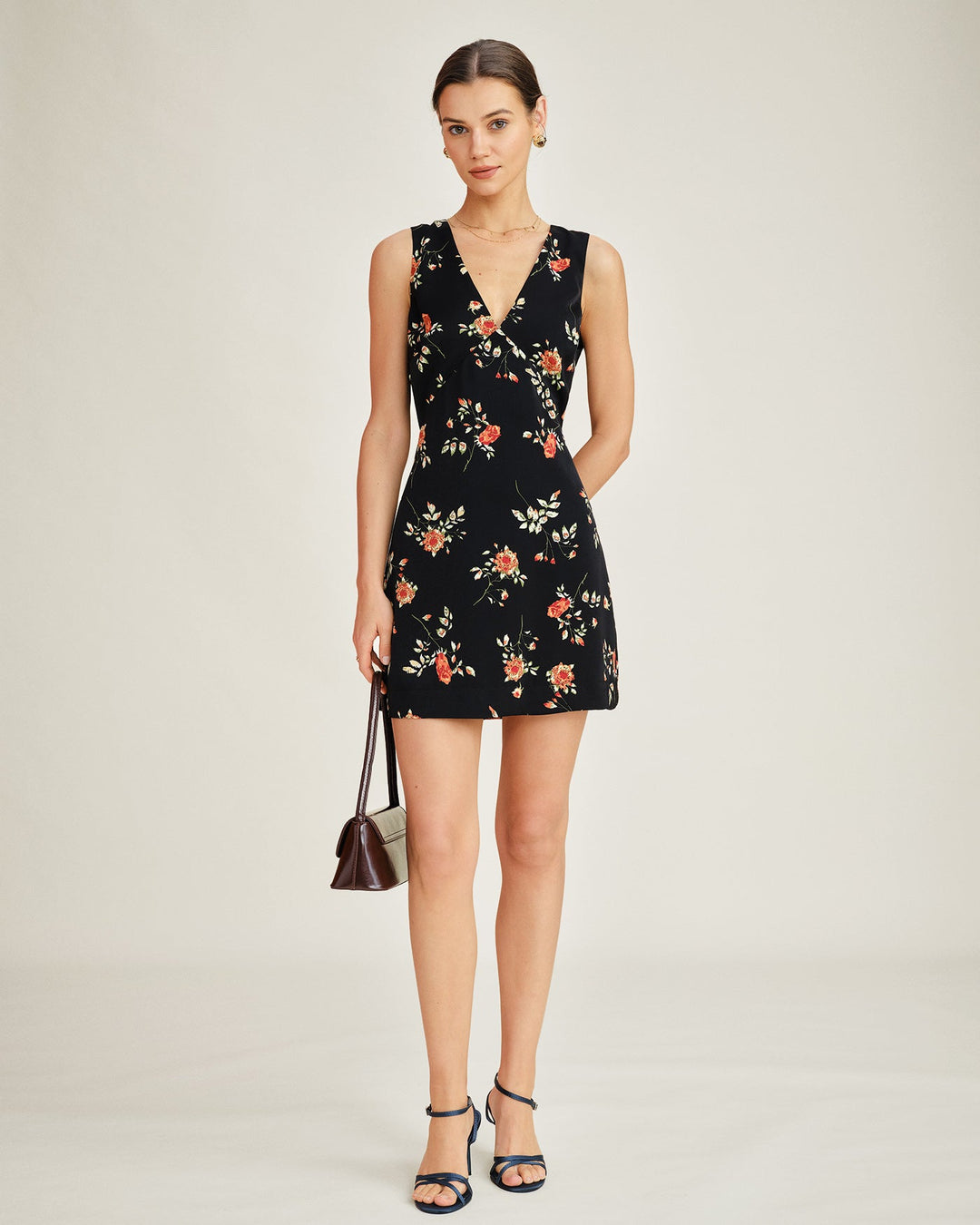 Floral A-Line Mini Dress with Black V-Neck