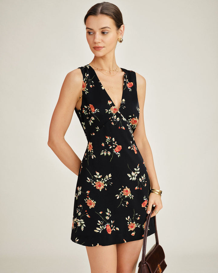 Floral A-Line Mini Dress with Black V-Neck