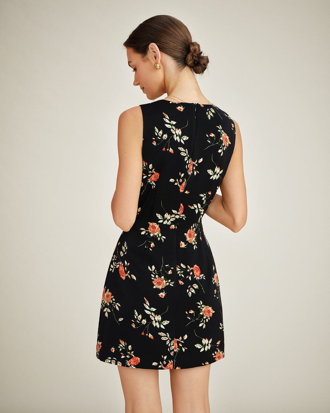 Floral A-Line Mini Dress with Black V-Neck