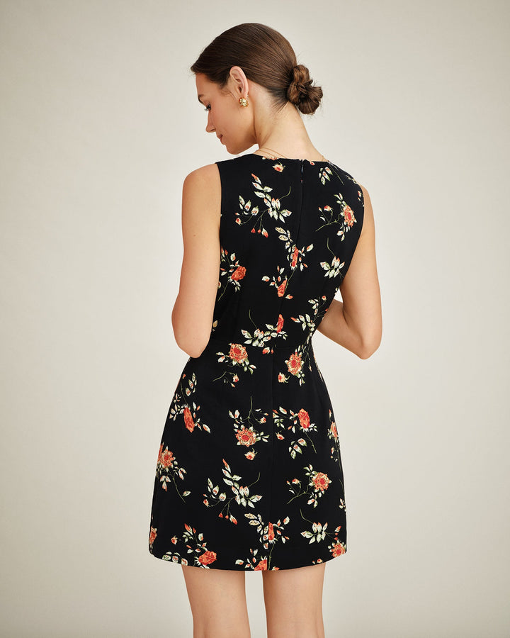 Floral A-Line Mini Dress with Black V-Neck