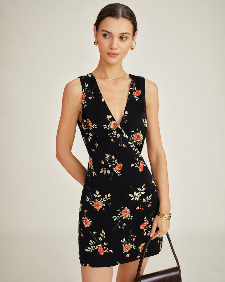 Floral A-Line Mini Dress with Black V-Neck